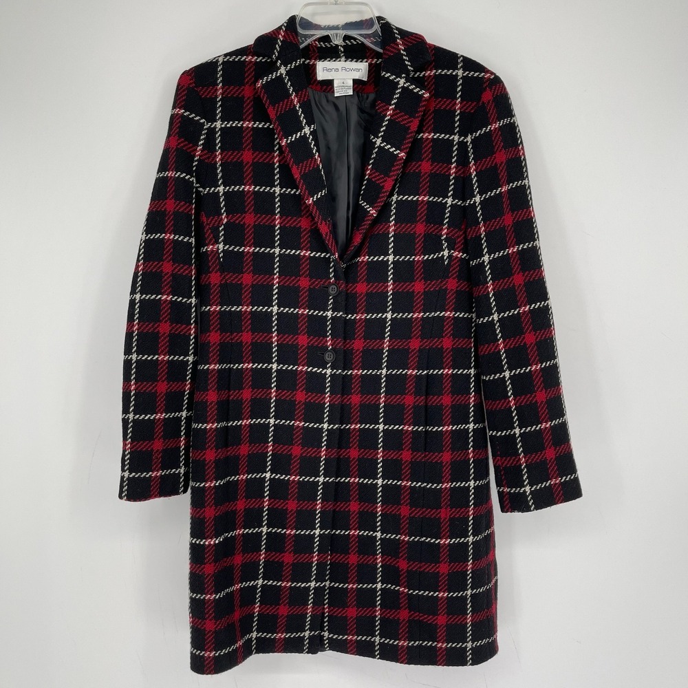 Rena Rowan Women's Vintage Red Plaid Wool Blend Longline Pea Coat Jacket Size 4